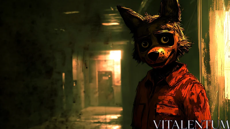Anthropomorphic fox figure stands in dim, cinematic corridor lighting