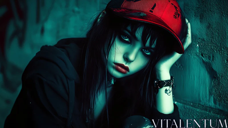 Midnight street dreamer in red cap and teal shadows.