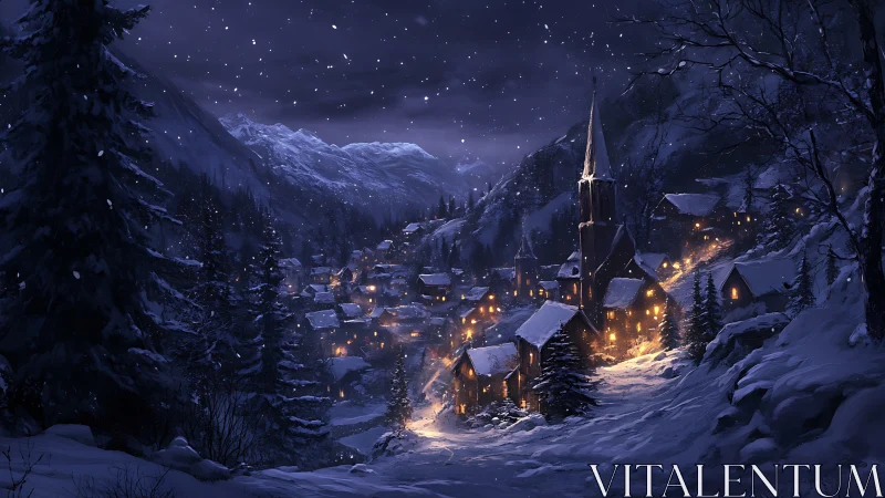 Snowbound alpine village glows under nocturnal winter sky