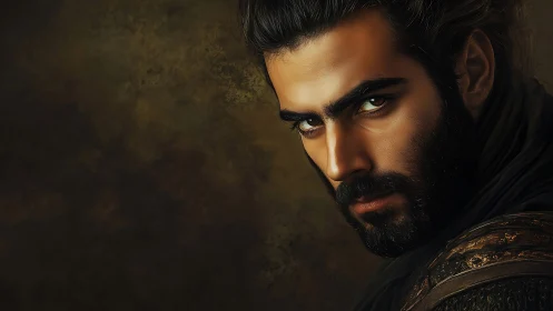 Brooding warrior portrait in warm chiaroscuro lighting.