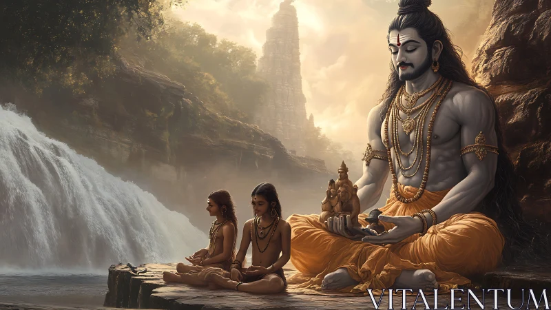 Meditating sage with disciples by waterfall in landscape.