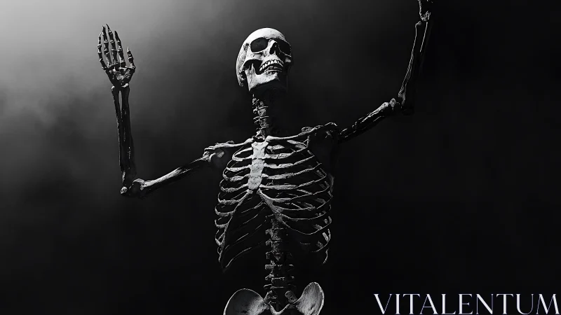 Monochrome skeletal figure emerges under dramatic chiaroscuro lighting