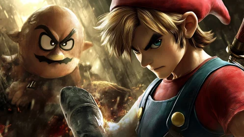 Heroic anime warrior confronts looming foe in dynamic 3D render