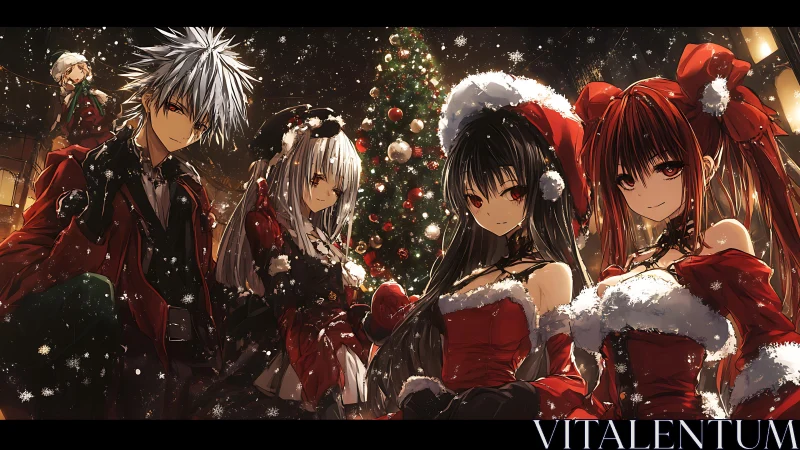 Festive anime friends gather under softly falling snow.