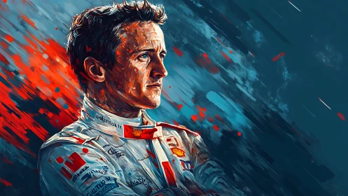 Racing driver portrait in dynamic abstract color motion.