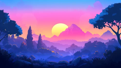 Digital landscape with sun, distant mountains and forest.