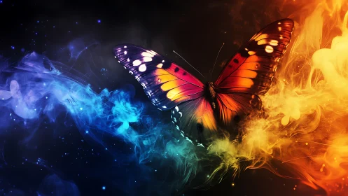Radiant butterfly glides between swirling blue and gold smoke