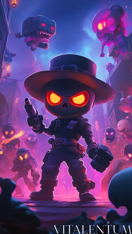 Neon-lit chibi gunslinger confronts glowing-eyed monsters in alley