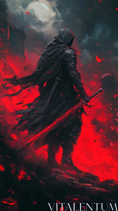 Midnight warrior walking through rivers of scarlet fire.