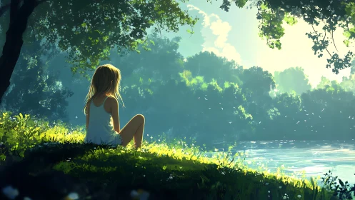 Sunlit riverbank cradles a girl lost in quiet summer thoughts
