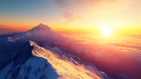 Digital painting of sunlit alpine ridgeline at cloud horizon.