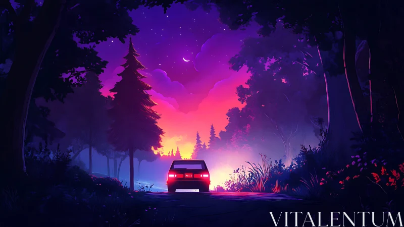 Retro car beneath neon-gradient twilight forest sky.