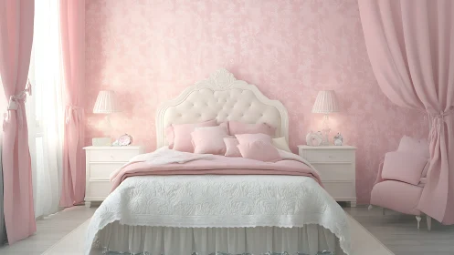 Soft pink bedroom with tufted headboard and draped curtains.