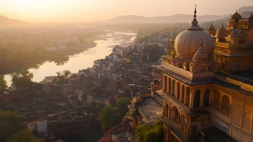 Dawn drapes a riverside palace city in molten amber light