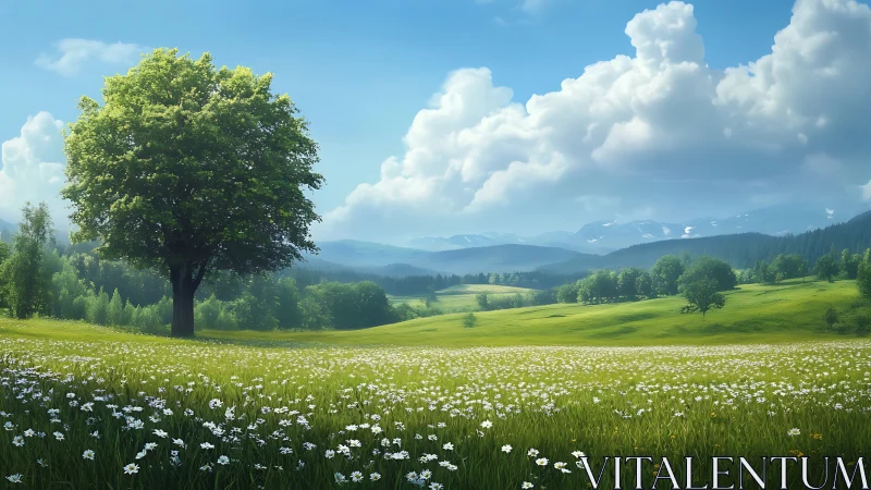 Lone tree stands over wildflower meadow beneath distant hills