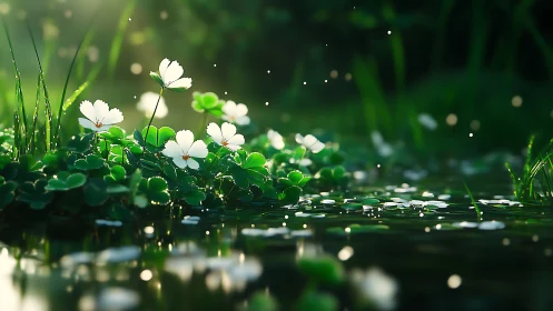 White wildflowers beside reflective water in soft daylight.