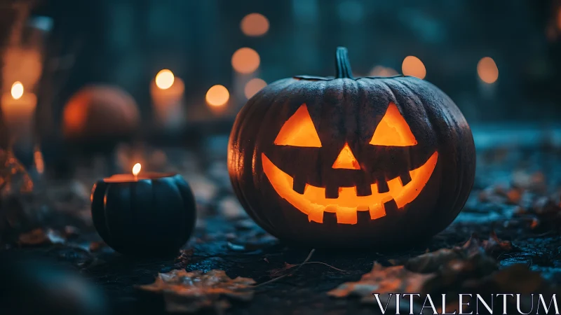Glowing jack-o-lantern smiles warmly in a misty autumn night
