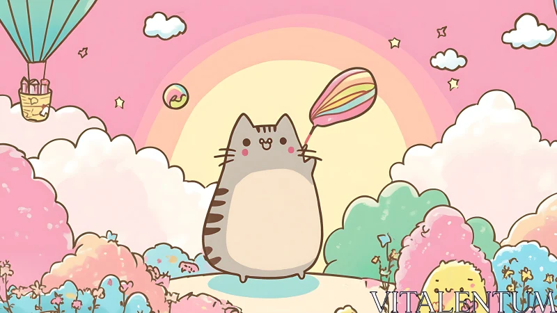 Whimsical Cat in Flight Through Rainbow Skies.