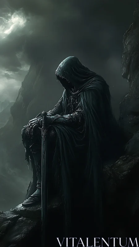 Brooding dark knight rests on a cliff of stormlit shadows.