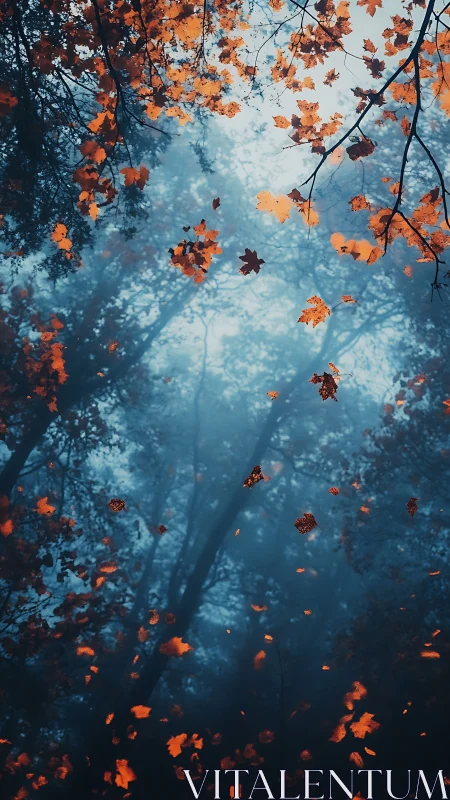 Autumn leaves suspended over dense blue forest canopy.