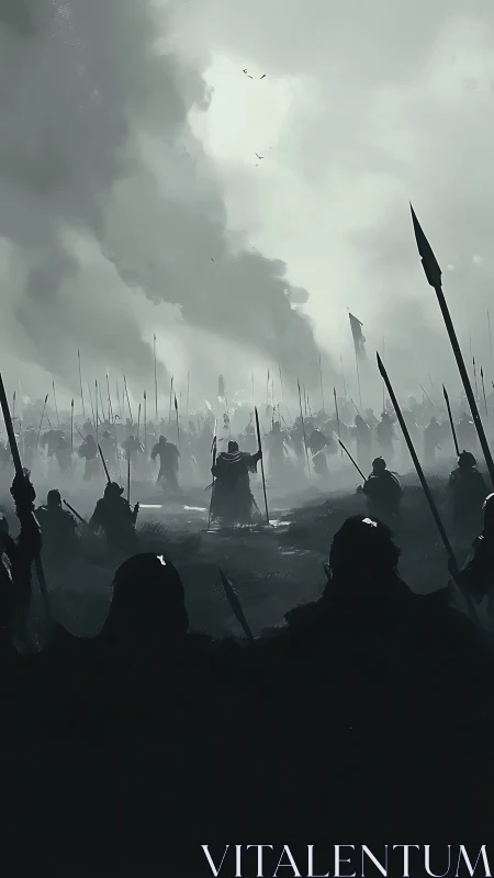 Monochrome spear phalanx advances through dense battlefield fog