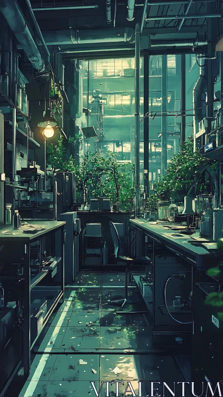 Industrial laboratory interior shows overgrown plant presence