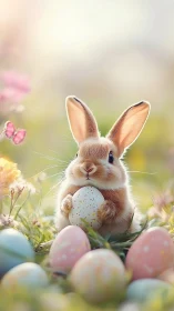 Soft-focus Easter bunny holding speckled egg in spring meadow