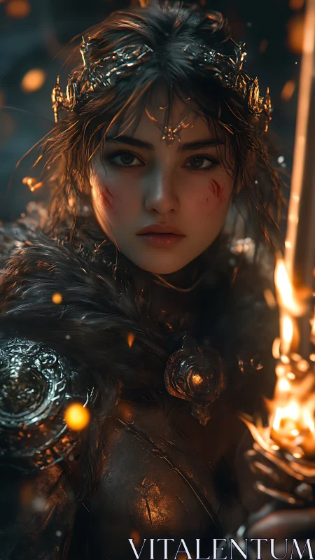 Battle-scarred ember queen holding a mythlit flaming sword.