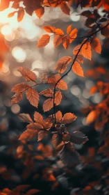 Autumn foliage branch against defocused forest background.
