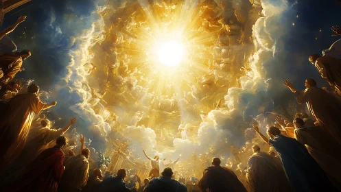 Heavenly assembly gather beneath radiant celestial light.