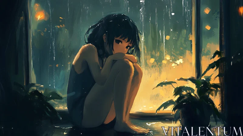 Melancholic girl by rainy window, warm bokeh city lights