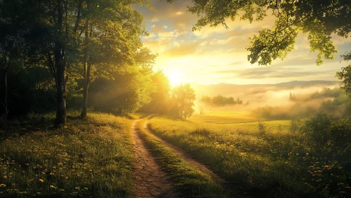 Sunlit country path curving through misty summer meadow.