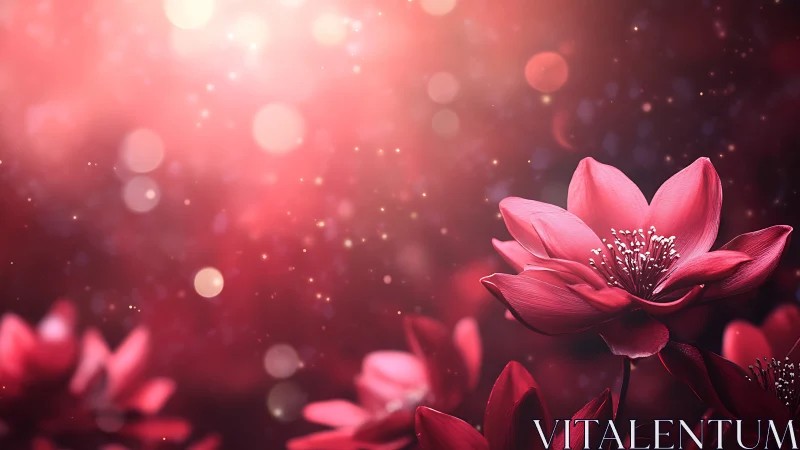 Digital bokeh lotus blossom in luminous crimson atmosphere.