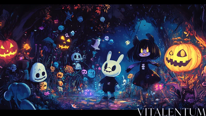 Playful pumpkin ghosts welcome two happy kids on Halloween night