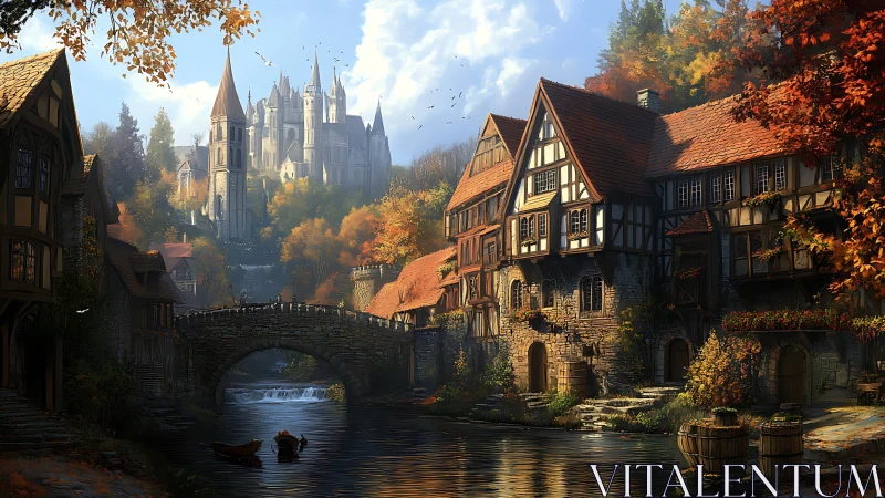 Medieval riverside village beneath distant hilltop castle.
