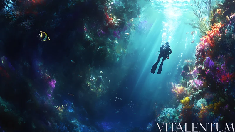 Digital painting of diver amid luminous coral canyon composition.