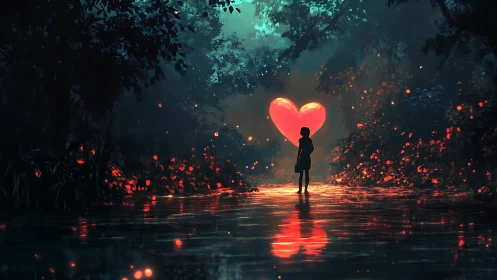 Silhouette Figure Before Illuminated Heart Symbol