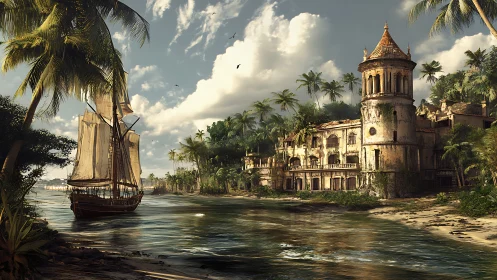 Colonial Architecture on Tropical Waterway.