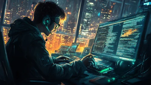 Midnight coder bends neon city light into flowing code.
