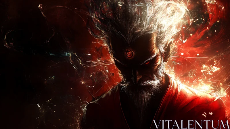 Digital painting of fiery third-eye sage in infernal chiaroscuro.