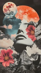 Dreaming sky goddess cradled by moons, mountains, and blooms.