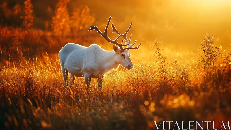 Sunlit ivory reindeer wandering through molten meadow gold.