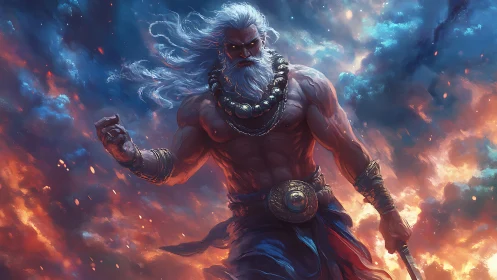 Storm crowned war god strides through burning twilight clouds