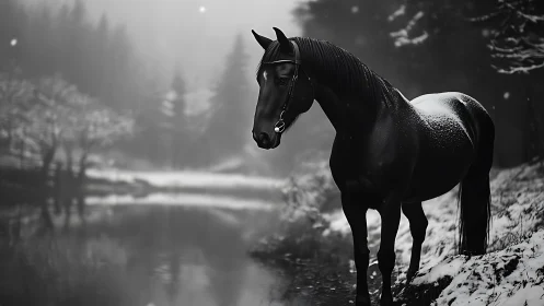 Midnight stallion pauses by a winter river in drifting snow.