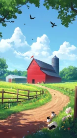 Sunny red barn lane with lambs and drifting summer clouds.