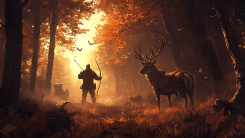 Autumn forest hunter confronting stag in golden mist.