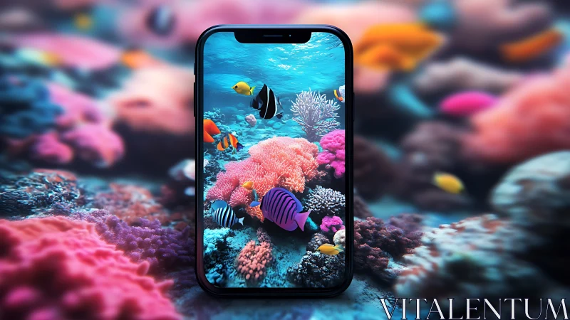 Colorful coral reef swimming into a bright phone screen.