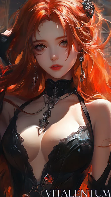 Flame-haired anime sorceress rendered in glossy digital chiaroscuro