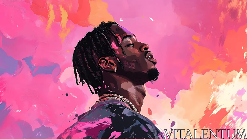 Profile portrait in pink and orange abstract background.