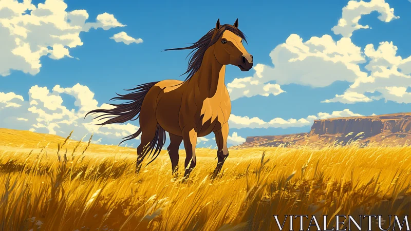 Digital painting of wild horse in luminous prairie landscape.